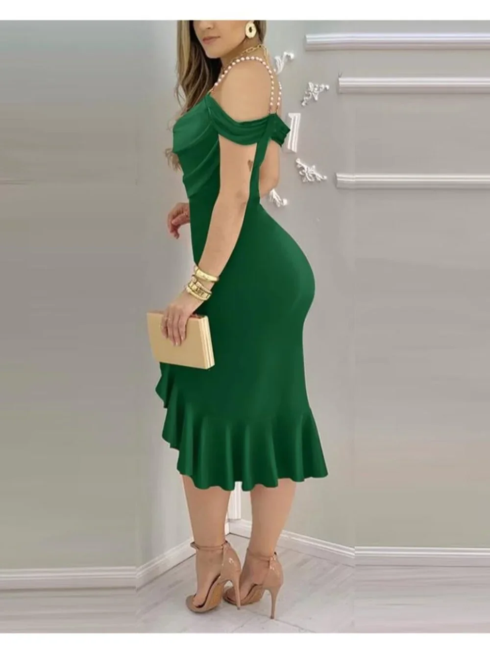 👗Women's Green Off Shoulder Design Cocktail  Pearls Strap Bodycon Midi Dress